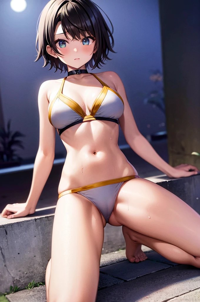 masterpiece, best quality, 4K, a girl, oozora subaru, shy, short hair, black hair, gradient eyes, with sparkling eyes, shiny skin, full body shot, sports bikini, Sweating profusely, Wet Skin, spread legs, Abdominal muscles, 月night, moonlight, night