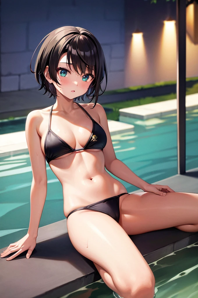 masterpiece, best quality, 4K, a girl, oozora subaru, shy, short hair, black hair, gradient eyes, with sparkling eyes, shiny skin, full body shot, sports bikini, Sweating profusely, Wet Skin, spread legs, Abdominal muscles, 月night, moonlight, night