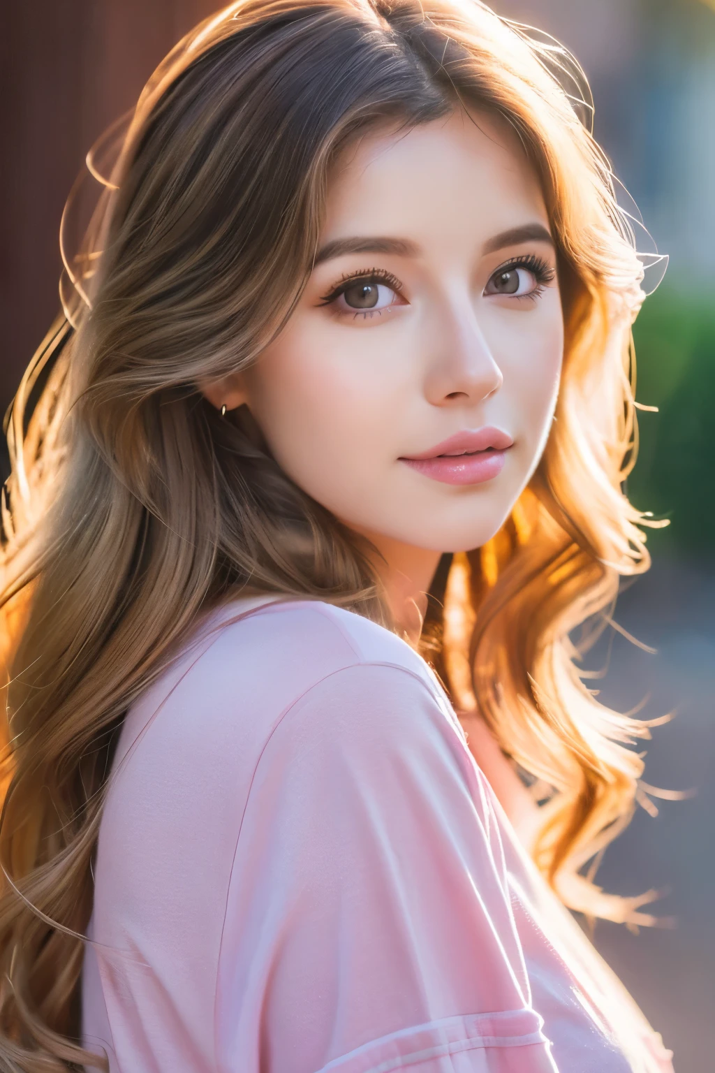 (Best Quality, 4k, 8k, Hi-Res, Masterpiece: 1.2), Super Detailed, (Realistic, Photorealistic, Photorealistic: 1.37), Portrait, Illustration, Soft Colors, Soft Lighting, Beautiful Detailed Eyes, Beautiful Details lips, long eyelashes, expressive face, casual clothes, flowing hair, pink pig, T-shirt, city, breeze