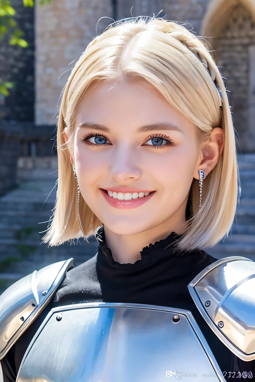 ８Ｋ、highest quality、female knight、Luxurious Silver Armor、、hairstyle short cut、smile、Beautiful Teeth、Full body photo、ear piercing、blonde、White woman、blue eyes、Heavy makeup、The background is inside the castle

