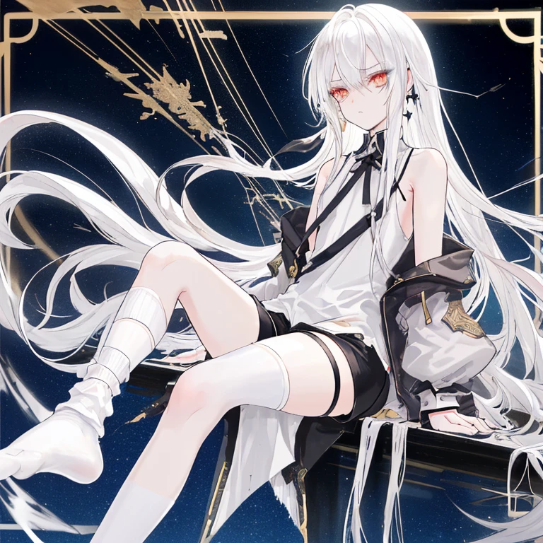 Pretty boy,Extra-long white hair,Straight Hair,Aho,indifferent,A cute look，Cross your legs,Heterochromia,silver eyes,Golden Eyes,Damaged clothes,Off-shoulder dress,shorts,Aestheticism,oriental art,Depth of Field,Starry sky background,Neon,Glass background,bustling city,Tear mole,Leg ring,Vest line,Thin,baggy socks,Knee-high socks,asymmetrical legwear，