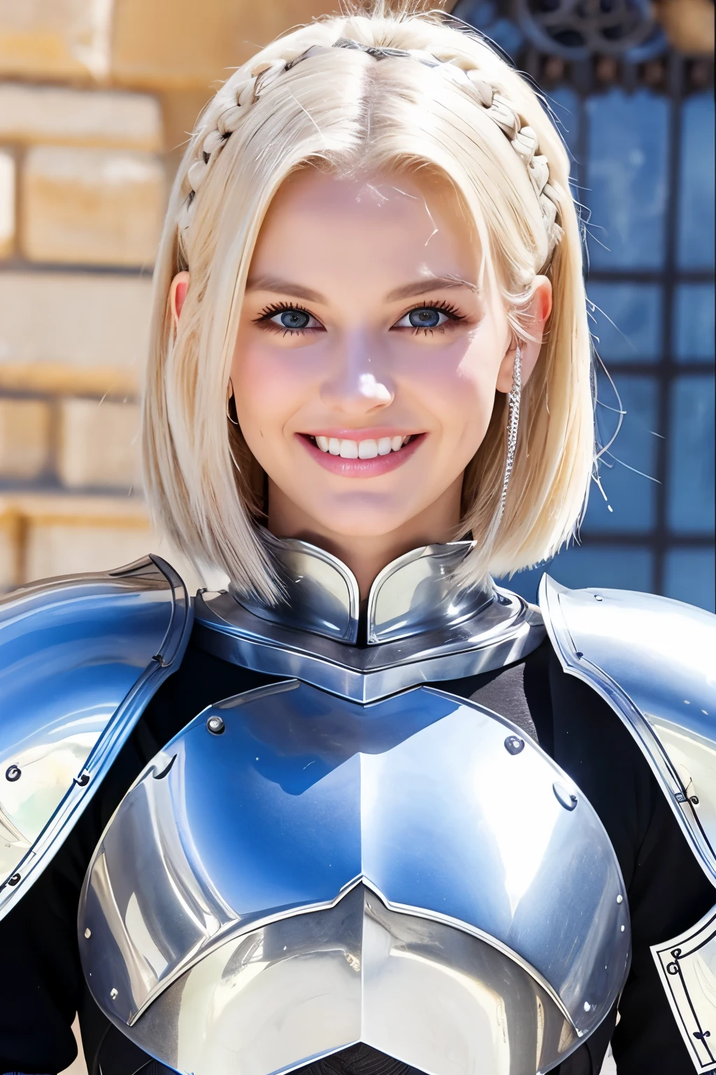 8K、highest quality、female knight、Luxurious Silver Armor、、hairstyle short cut、smile、Beautiful Teeth、Full body photo、ear piercing、blonde、White woman、blue eyes、Heavy makeup、The background is inside the castle