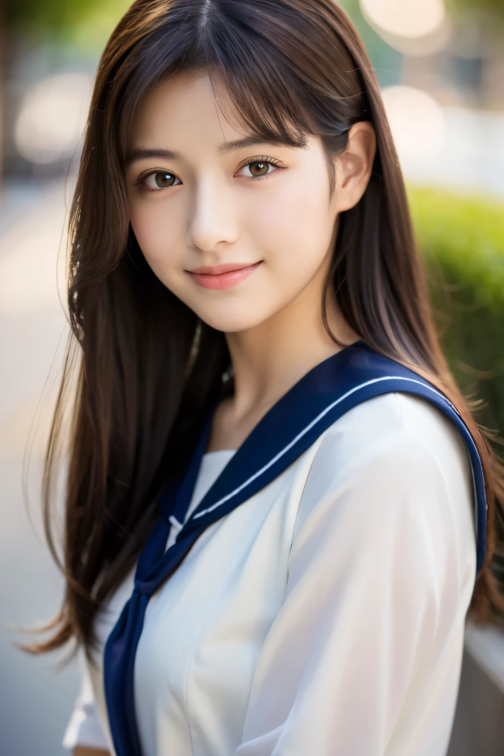 (Best Quality, 4k, 8k, Hi-Res, Masterpiece: 1.2), Super Detailed, (Realistic, Photorealistic, Photorealistic: 1.37), Portrait, Illustration, Soft Colors, Soft Lighting, Beautiful Detailed Eyes, Beautiful Details lips, long eyelashes, expressive face, flowing hair, black hair, Japanese, smile, city, 16 years old, sailor suit, miniskirt, long legs, beautiful thighs, breeze