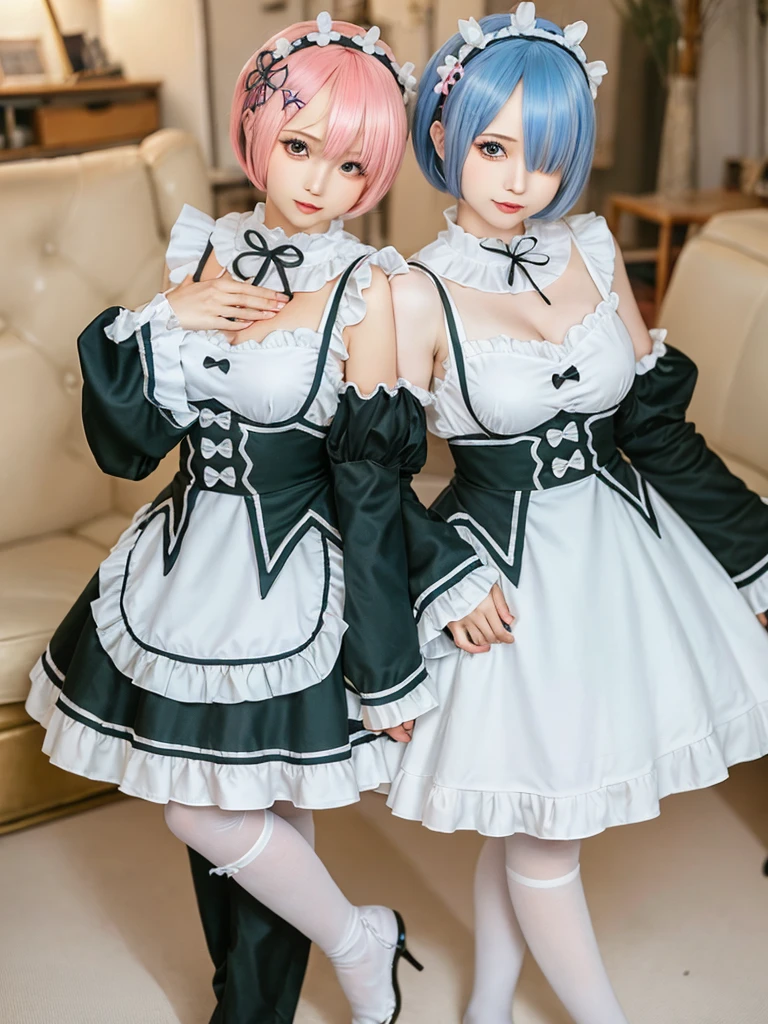 (8K, Photorealistic, Raw photo, of the highest quality: 1.3), (1girl in), Super beautiful, (Realistic face), (boyish, light blue Color Berry Shorthair),(8K, Photorealistic, Raw photo, of the highest quality: 1.3), (1girl in), Super beautiful, (Realistic face), (boyish, pink Color Berry Shorthair), Beautiful , Glare that captivates the viewer, Beautiful expression, Beautiful breasts, (Realistic skin), Be...Create a detailed and colorful image of Ram and Rem from Re:Zero, standing back-to-back in their maid outfits, with a magical fantasy background、14years old, two girls,cute, perfect face, beautiful, nice body, gothic lolita clothes, gothic lolita fashion, frilly skirt, headdress, necklace, bracelet, knee-high socks, boots, double eyelids, tear bags, Detailed down to the fingers, photo-like description, indoors, dim indoor lighting, one girl is pink hair and short bob, another girl is light blue hair and short bob,standing, whole body, composition that shows the whole body, smiling,The Both of them are wearing the same type of maid outfit