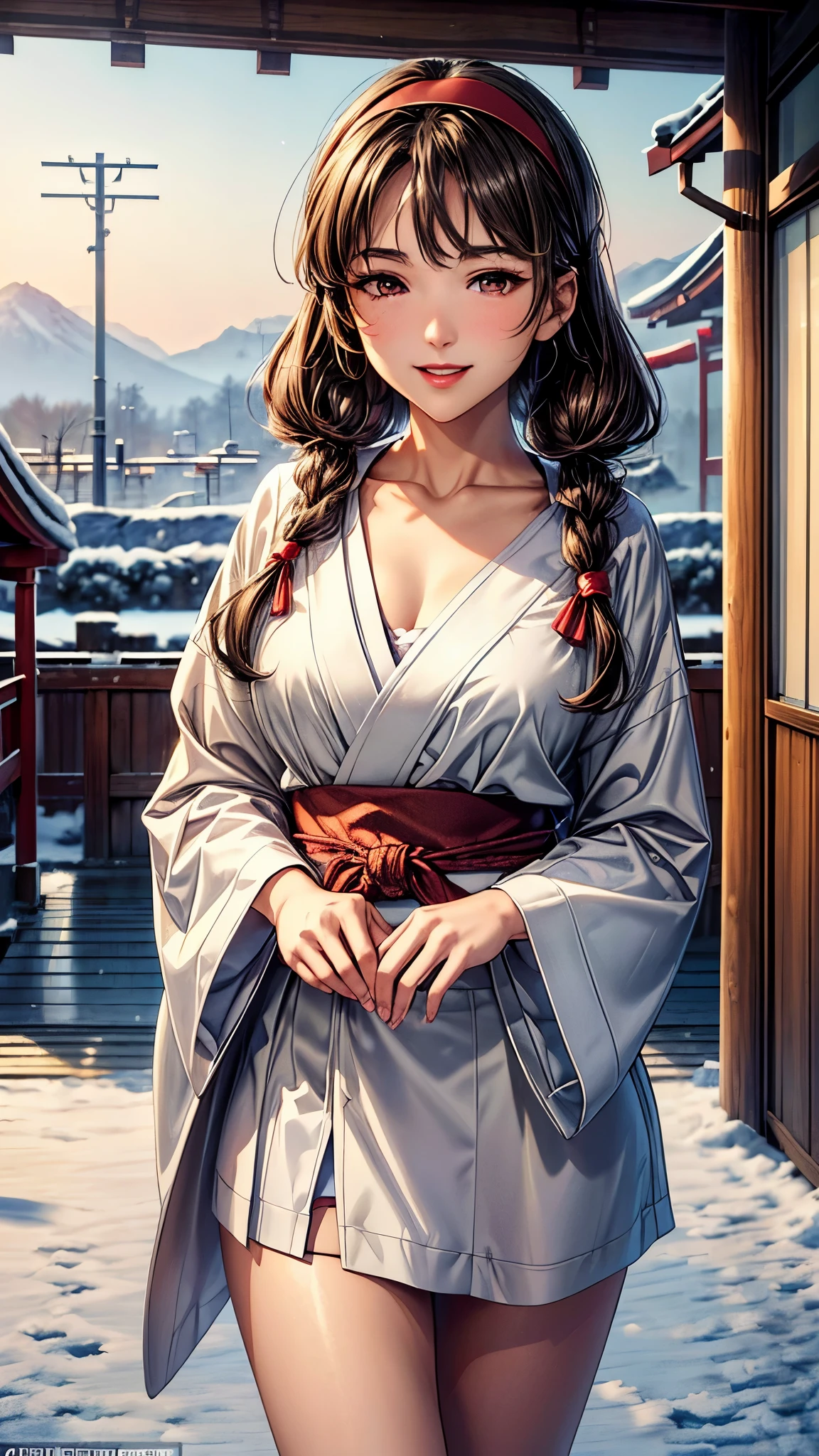 (masterpiece:1.3, best quality, Ultra-high resolution, Ultra Detailed), (Practical, photoPractical:1.4), Fine quality illustrations, Perfect lighting, Natural light, rich and colorful, Depth of writing boundaries, NFSW,
Looking at the audience, (Face focus, Upper Body), 1 girl, Japanese, High school girl, Perfect face, cute symmetrical face, Glowing skin,
(Medium-length hair:1.5, Low Twin Tails:1.7, Brown hair), Asymmetrical bangs, Deep red eyes, (Medium breasts),
beautiful hair, Pretty Face, Delicate and beautiful eyes, Beautiful clavicle, Beautiful Body, Beautiful breasts, Beautiful thighs, Beautiful Feet, Beautiful fingers,
((shrine maiden clothes, Long sleeve, for a long time, Headband)), (Lovely smile, Upper Eye, Open your mouth),
(Beautiful scenery), winter, dawn, (new year, first visit), (shrine), crowd, snow, snowfall:1.5, freezing weather, Frost, Standing, Walk,