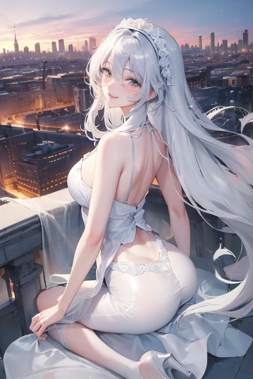 official art, masterpiece, Sharp focus, (Beautiful, gorgeous and cute Korean woman:1.3), (beautiful and cute korean:1.3), Korean beauty, Exquisite and beautiful hair、Eyes and face, Practical, Ultra Detailed, beautiful girl, Blue sky, Glowing white particles, (Side Light:1.2), Sunlight, Baiyun, Detailed clouds, slim, Very cute big  and big butt, Smile with teeth bared, ((Smile with your eyes, Open your eyes)), landscape, Long and straight hair, Sexy facial expressions, architecture, (city View:1.7), Dynamic Hair, very Long and straight hair, Delicate platinum silver hair, Green eyes, Pink skirt, White socks, Pale skin, Hair accessories, epic landscape,White high heels，Nice butt，Beautiful buttocks，Nothing under the skirt