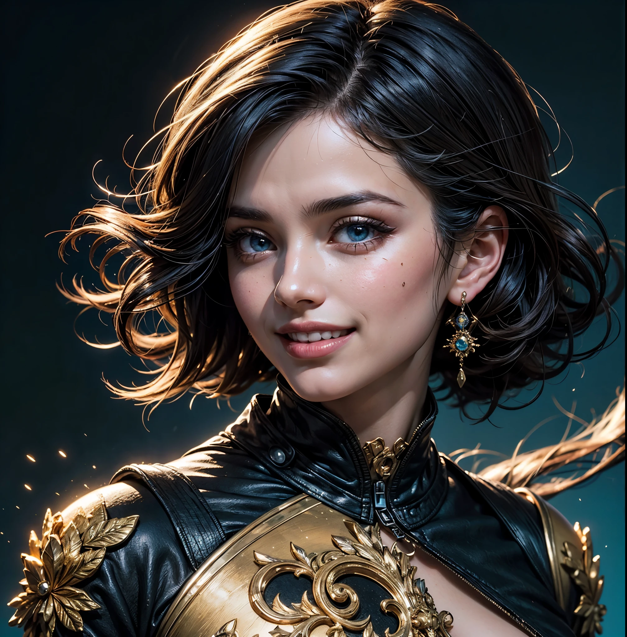 ((extremely detailed 8k illustration)), high resolution, (extremely detailed and hermoso background), pintura ultra detallada, professional illustration, Ultra-precise representation, Ultra-detailed rendering, (hermoso and aesthetic:1.2), hdr, (profundidad de campo:1.4), vistoso, vivid, hermoso detailed glow light particles, intrincado:1.4, buenas manos, manos perfectas, 
(mujer joven), captain, (Medias negras hasta los muslos), Thin pubic fleece, piel grasosa, highly detailed hermoso face and eyes, hermoso hair, (blue,pelo largo), hermoso, hermoso, Bien, talentoso, ((sonrisa, mirando lascivamente)), mirar al espectador,  evento, mini vestido,