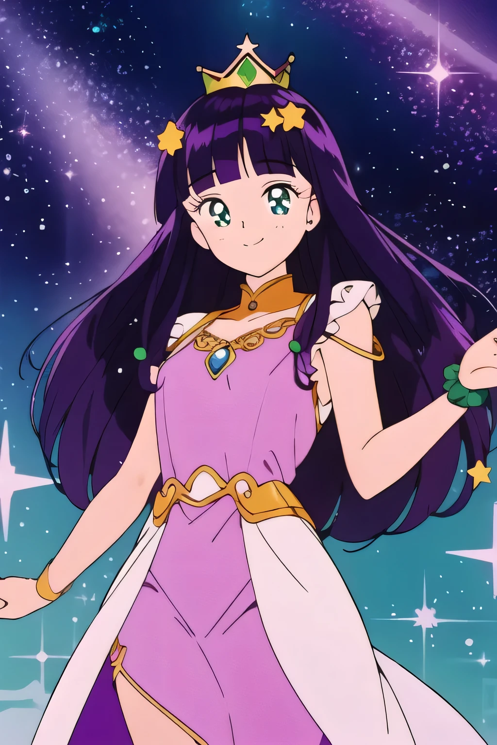 best quality, masterpiece, 1girl, light smile, looking at viewer, blunt bangs, curly hair, flat chest, looking at viewer, floating colorful water, A glittering dress with purple stars, holding a magic star wand in her left hand, smiling and winking one eye, wearing a crown with stars on her head, purple hair, with green eyes.