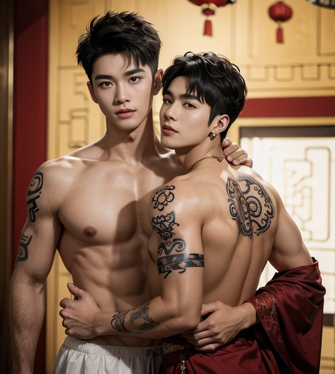 (make all safe for work),Two handsome boys kissing, smiling at each other,hugging, kissing, touching lips, cuddle, romantic,skin ship, Chinese Men God, Mythology, realistic, Chinese odyssy, super Handsome,manly, kpop idol, handsome korean actor, 20 years old,, detailed face, manly jawline, detailed mess curly styling hair, Topless, Muscles, big breast Athlete body, Full Frame,full body shoots, Sexy, realistic, human skin, tattoo breast, Professional studio Lighting, long red tibet wedding Outfit, jade and golden pendent all over , detailed jewery in dress, earings,Chinese ancient wedding Background,out door, super detailed background,look at camera , open mouth, thin Underneathe Underwear, tibet Warrior, Hanfu red wedding dress, tibet Male, tibet Nobel, Seduce , bare chest , tattoo chest, tattoo arms, tattoo hands, tattoo back, tattoo legs , tattoo belly, nice butts, 