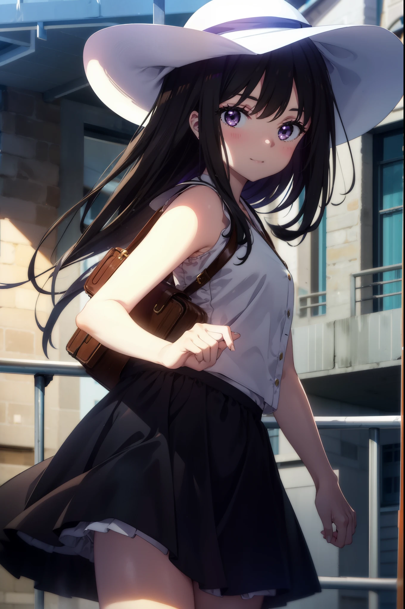 Takiuchi, Inoue Check, Long Hair, bangs, Black Hair, (Purple eyes:1.2),happy smile, smile, Open your mouth,smile,blush,Blue long skirt dress,Sleeveless,Bare arms,Rocket Pendant,Cute Sandals,White Hat,real summer,sunny,As if your whole body is in the illustration,
break outdoors, Coastal Road,
break looking at viewer, (Cowboy Shot:1.5),
break (masterpiece:1.2), highest quality, High resolution, unity 8k wallpaper, (shape:0.8), (Beautiful details:1.6), Highly detailed face, Perfect lighting, Extremely detailed CG, (Perfect hands, Perfect Anatomy),