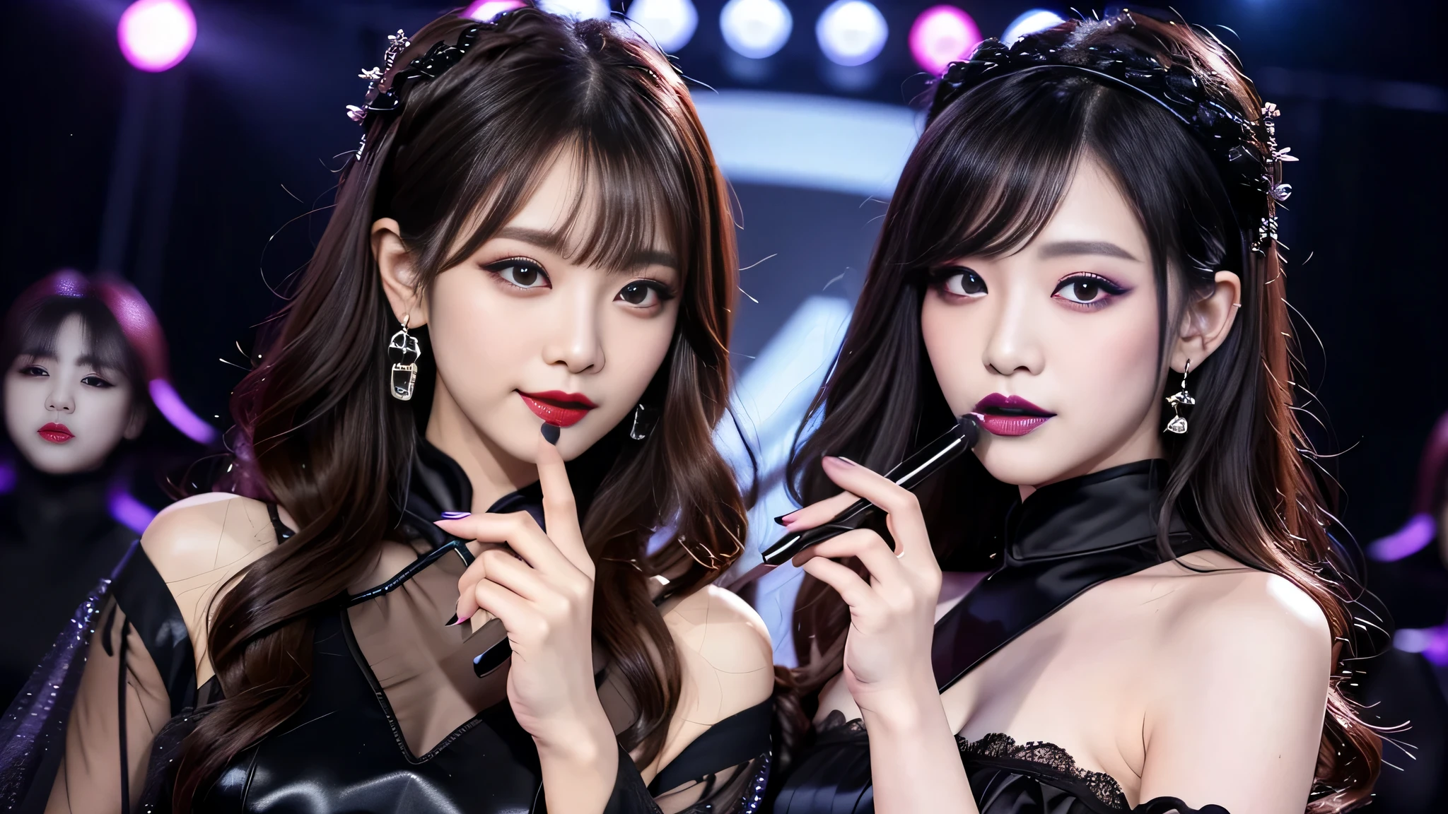 2girls、best quality、ultra-detailed、4k、Japanese、Seductive beauty、seductive adult woman、Pretty Woman、cool girl、Villainess、Brainwashed、brainwash、Fallen into evil、smirk、Evil look、Wicked Smile、evil、Brown hair、wavy hair、swept bangs、dark makeup、dark makeup、piercing eyes、hollow eyes,half-closed eyes、Hollow Eyes、Purple Eyeshadow、black lipstick、black lipglos、Long Black Cheongsam、Wide sleeves、night、inside Live stage、Applying lipstick、