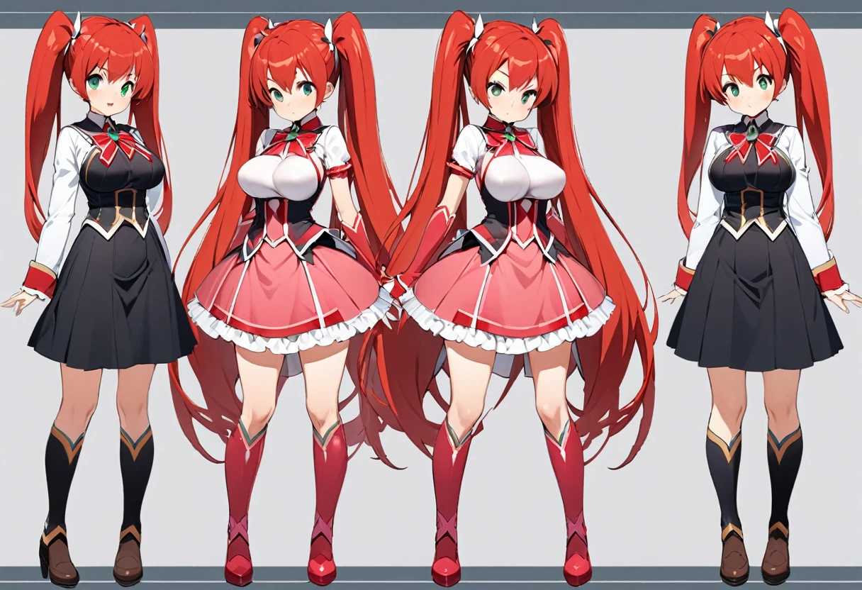 Best image quality, Excellent details, Ultra-high resolution, Best illustrations, Favorite Details, Very condensed one girl, Delicate and beautiful features,
(1girl, breen eyes, very long red hair, twintails, magical girl, clothed, tiny height, 13years, large breasts,disproportionate breasts), full body, three views from front, back and side, to many pose