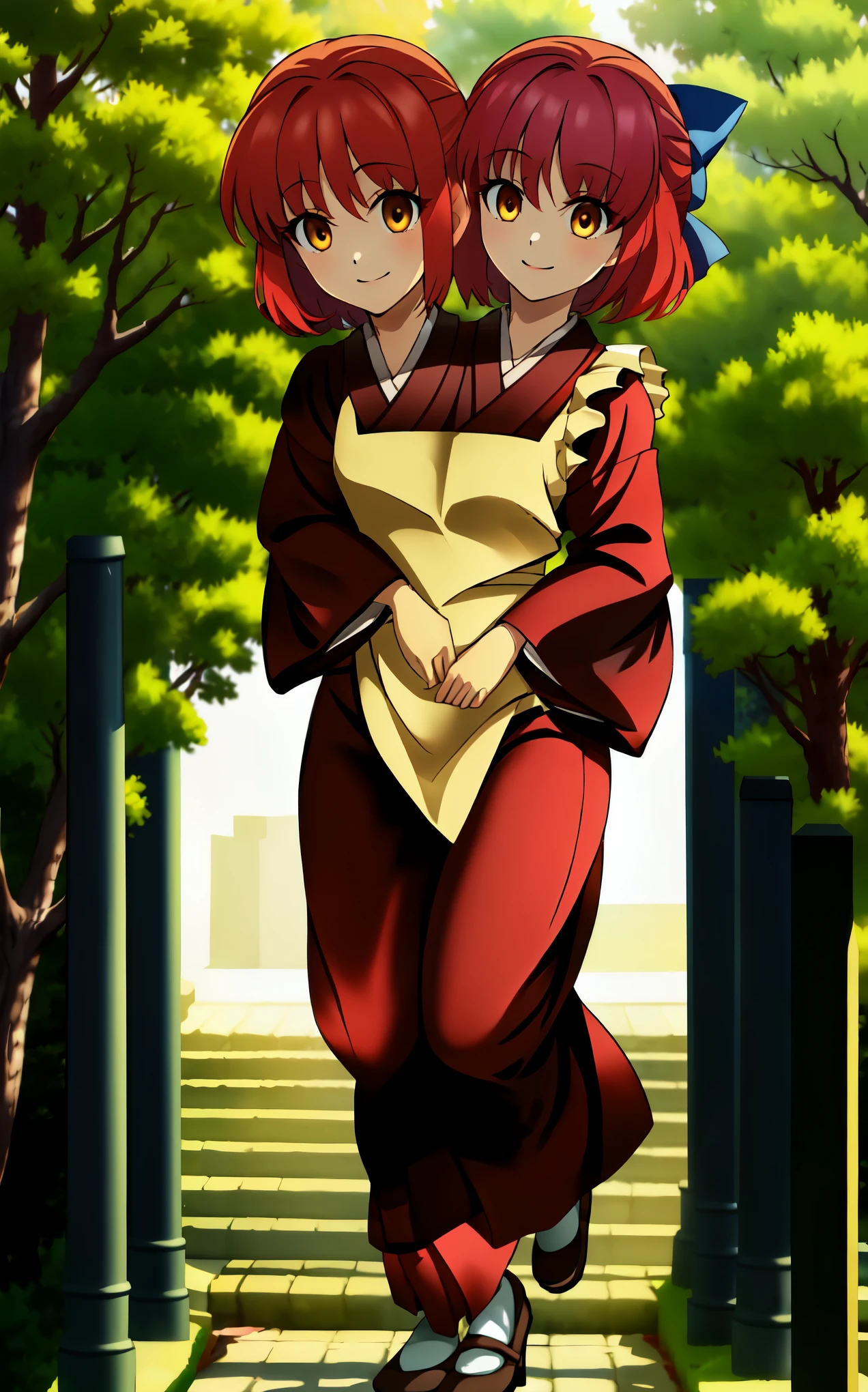 (2heads:1.4), full body, absurdres, 4k, 8k, masterpiece, best quality, (kohaku), japanese clothes,kimono,half updo,apron, forest , looking at viewer, smiling