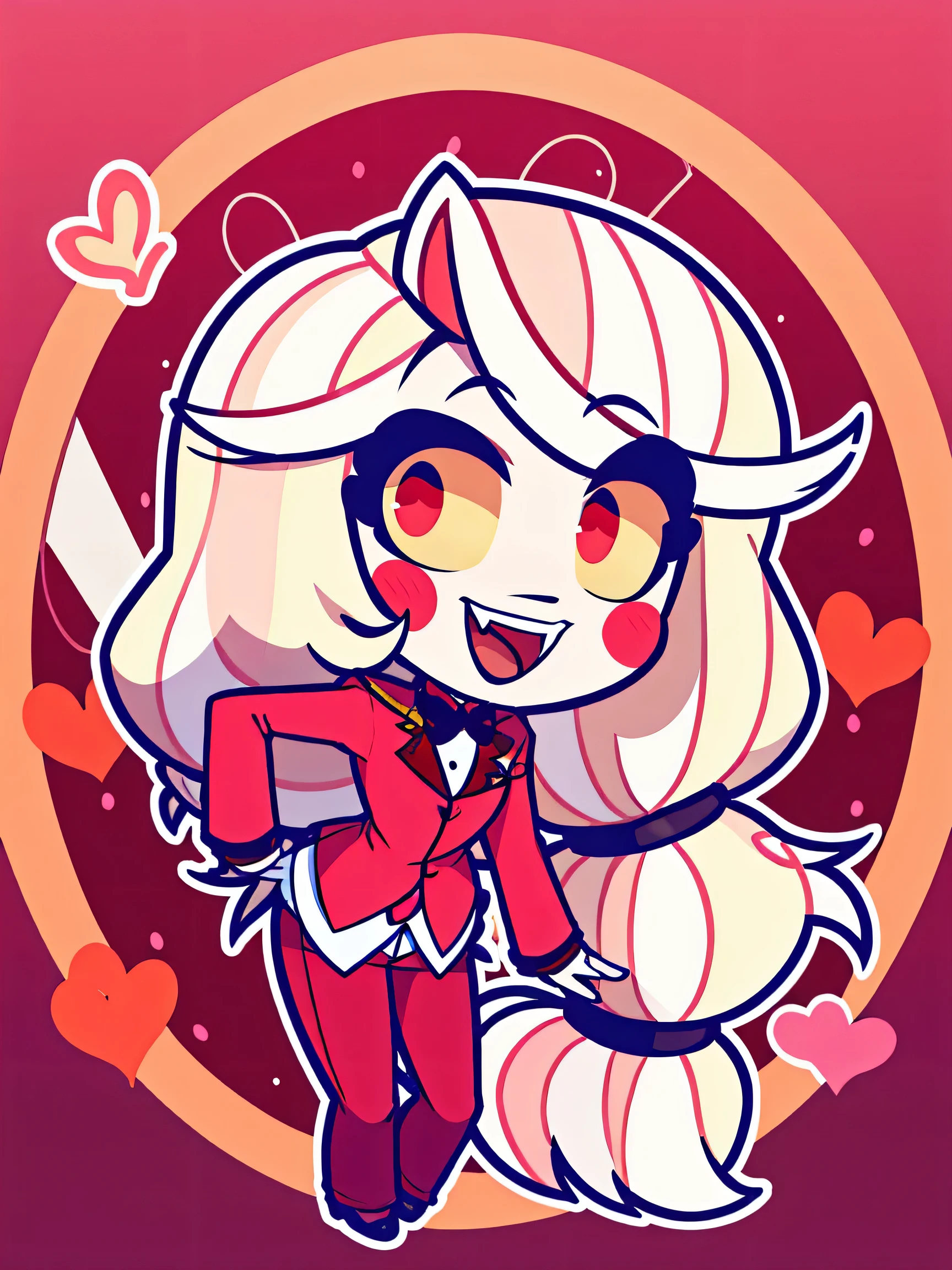 Charlie Morning Star, Cabelo longo, terno vermelho, red pants, 1 garota, esclera amarela, cabelo loiro, Pele branca, anatomia perfeita, sorridente, Pink background with hearts