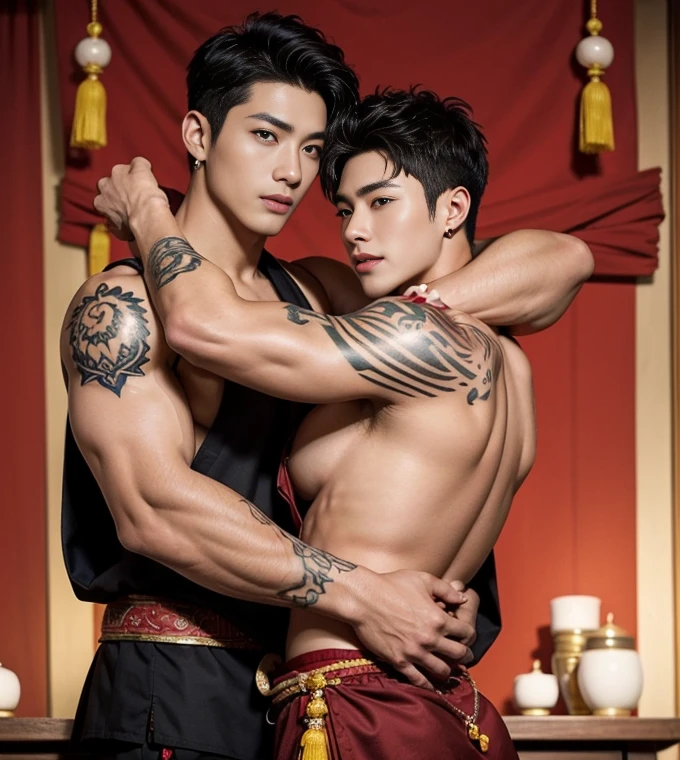 (make all safe for work),Two handsome boys kissing, smiling at each other,hugging, kissing, touching lips, cuddle, romantic,skin ship, Chinese Men God, Mythology, realistic, Chinese odyssy, super Handsome,manly, kpop idol, handsome korean actor, 20 years old,, detailed face, manly jawline, detailed mess curly styling hair, Topless, Muscles, big breast Athlete body, Full Frame,full body shoots, Sexy, realistic, human skin, tattoo breast, Professional studio Lighting, long red tibet wedding Outfit, jade and golden pendent all over , detailed jewery in dress, earings,Chinese ancient wedding Background,out door, super detailed background,look at camera , open mouth, thin Underneathe Underwear, tibet Warrior, Hanfu red wedding dress, tibet Male, tibet Nobel, Seduce , bare chest , tattoo chest, tattoo arms, tattoo hands, tattoo back, tattoo legs , tattoo belly, nice butts, 