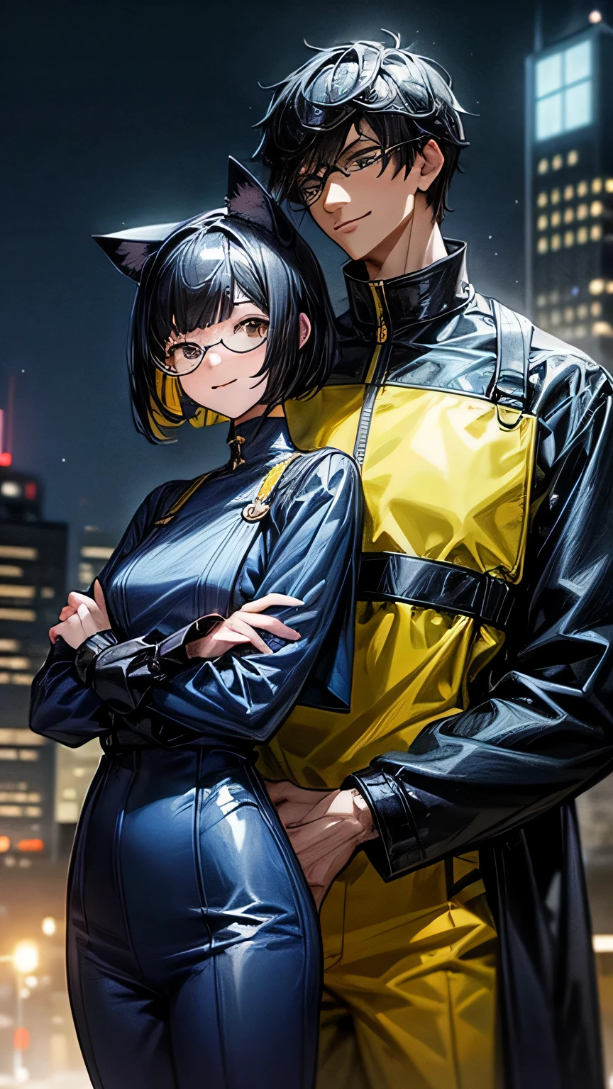 One man on the right, black hair, Black eyes,blue outfit, with his yellow cat with greenish-yellow eyes, city, smile, cool hair, handsome, Blue outfit, high quality, hd. One beautiful woman wear glasses on the left, black medium hair, black eyes, Lilac outfit. Night, take a photo's together. cute