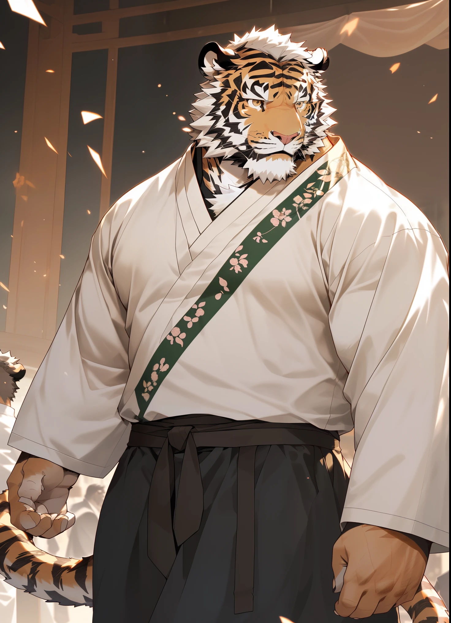 Strong and slim body,Have a pair of clear blue tiger eyes,Sharp face lines,Kind;The whole body is covered with soft hair,There are yellow and black stripes on it.,The sideburns on the cheeks and the beard on the chin have turned white..,There is a pair of short and pointed tiger ears on the top of the head..,The inside of the ears is covered with pure white short hairs.,There are several slender ones, Soft gray tiger whiskers on both sides of the cheeks.,There is a slender tiger tail behind。Wear loose and lightweight robes on weekdays,Although he is old, he is still full of energy,Gives people a feeling of immortality。