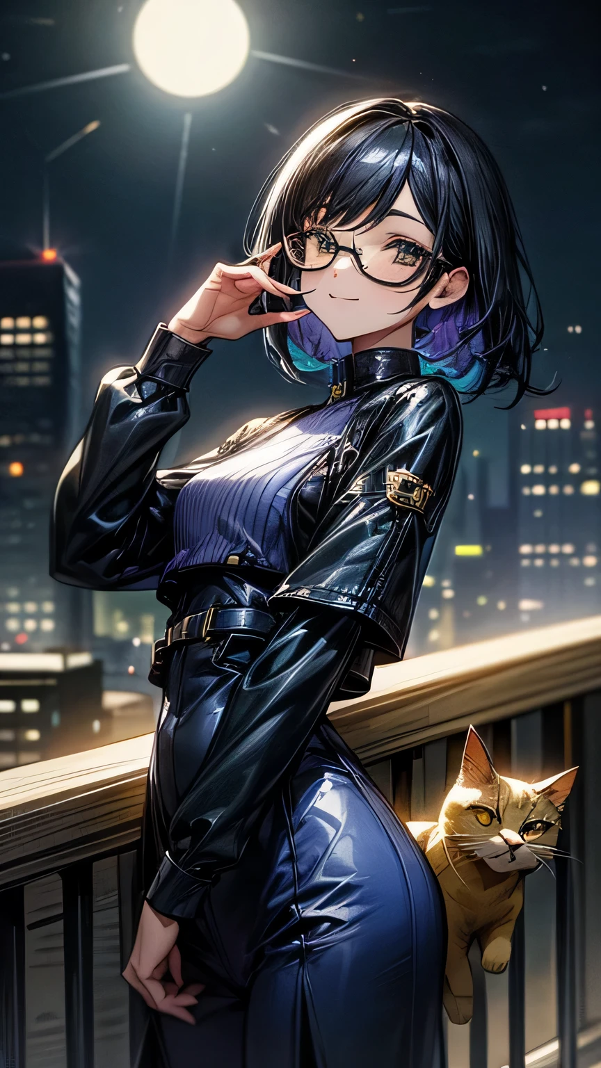 One man on the right, black hair, Black eyes,blue outfit, with his yellow cat with greenish-yellow eyes, city, smile, cool hair, handsome, Blue outfit, high quality, hd. One beautiful woman wear glasses on the left, black medium hair, black eyes, Lilac outfit. Night, take a photo's together. cute