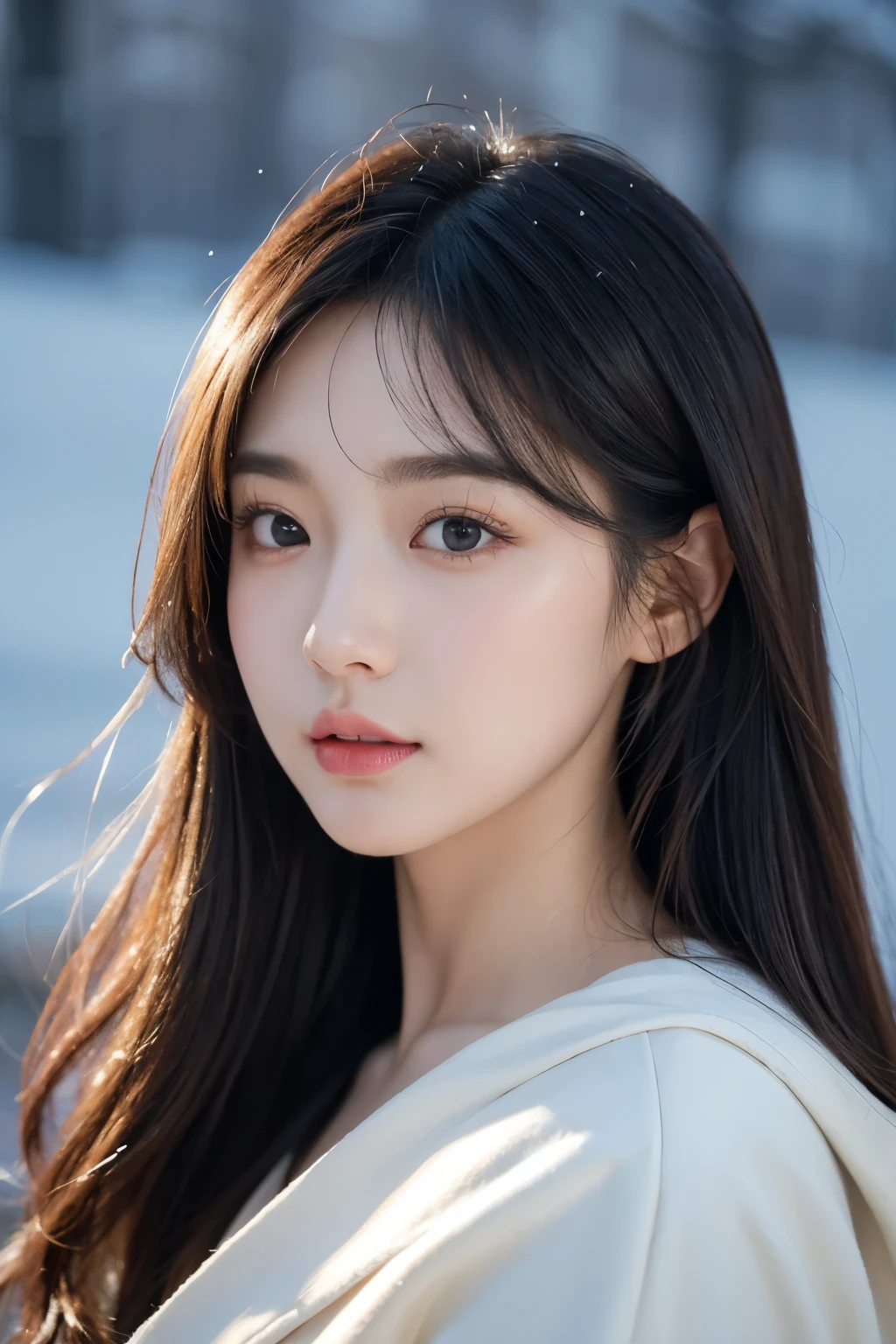 realistic photos oF (1 cute korean stars) Shoulder-length hair, Light makeup, Medium breast size, wearing a coat, In the snow, clear Facial Features, 8K high resolution, Crisp, lifelike details.From outside, Eye level shooting, F/4.0, 135 mm, FujiFilm, jpeg artiFacts, Jitter, Ultra HD, masterpiece,The image size is 16:9