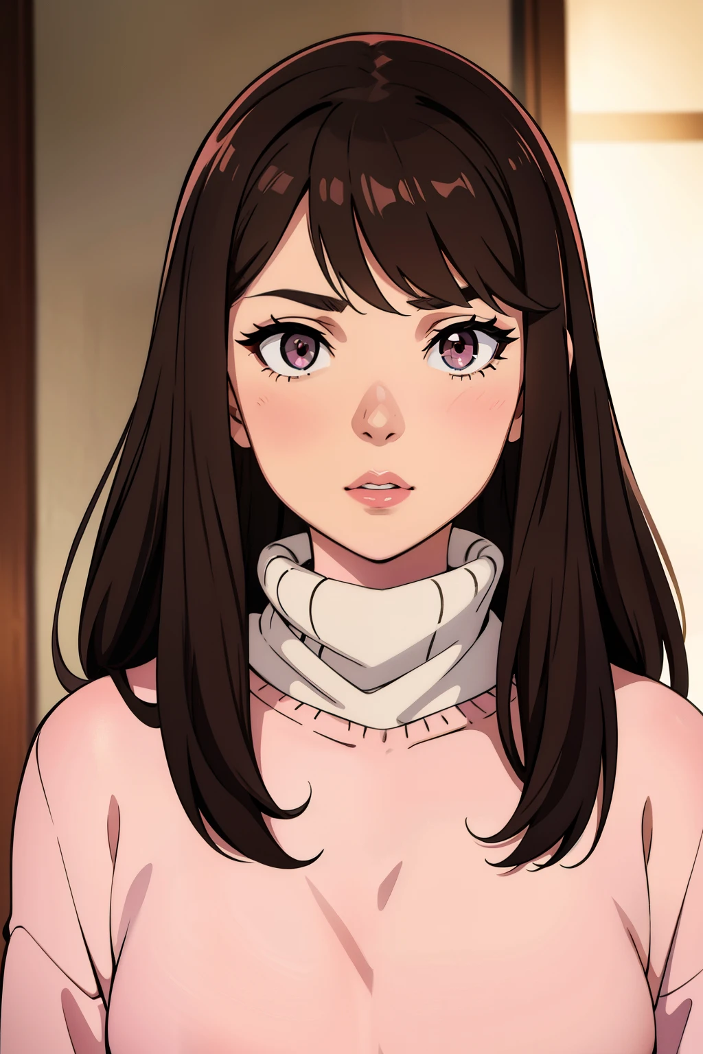 Girl, long brown hair, gray eyes, sharp features, white skin, pink lips, sweater