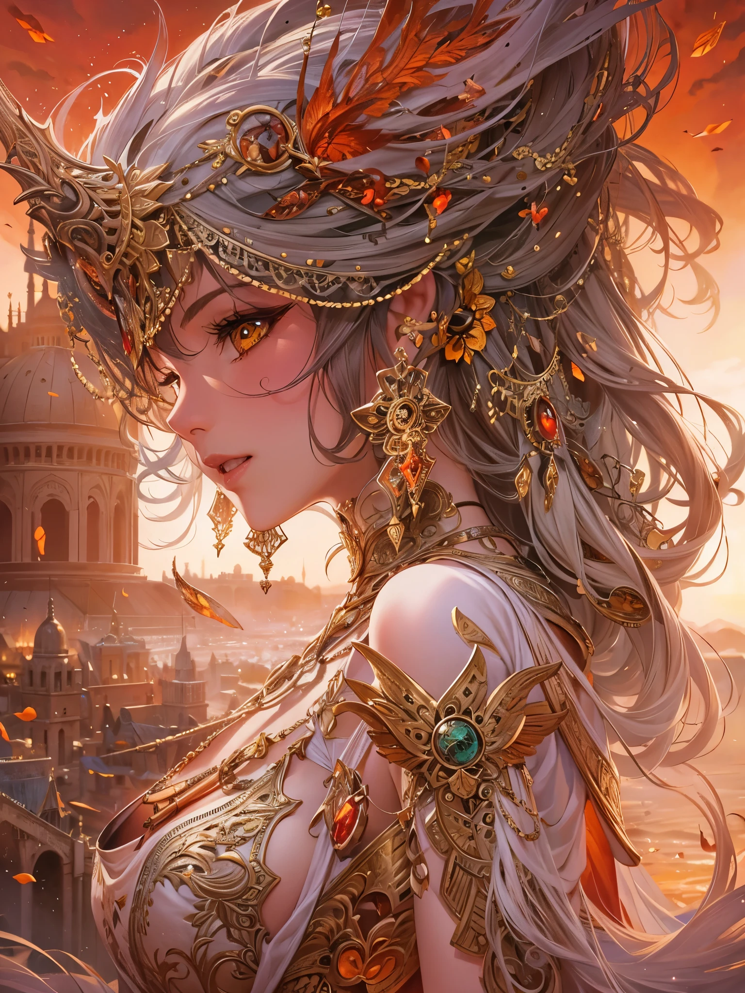 ((highest quality)),(Ultra-high resolution),(Very detailed),(Detailed Description),((The best CG)),(A masterpiece),Ultra-precise art,amazing drawing art,(Fantasy art with intricate detail:1.5), (woman:1.7),(Beautiful and well-proportioned face:1.5), Sunset over the sand, Red stained ruins