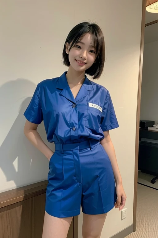 A girl who looks like Japanese talent Riho Yoshioka,Wearing blue work clothes,Beauty,Long legs,smile,