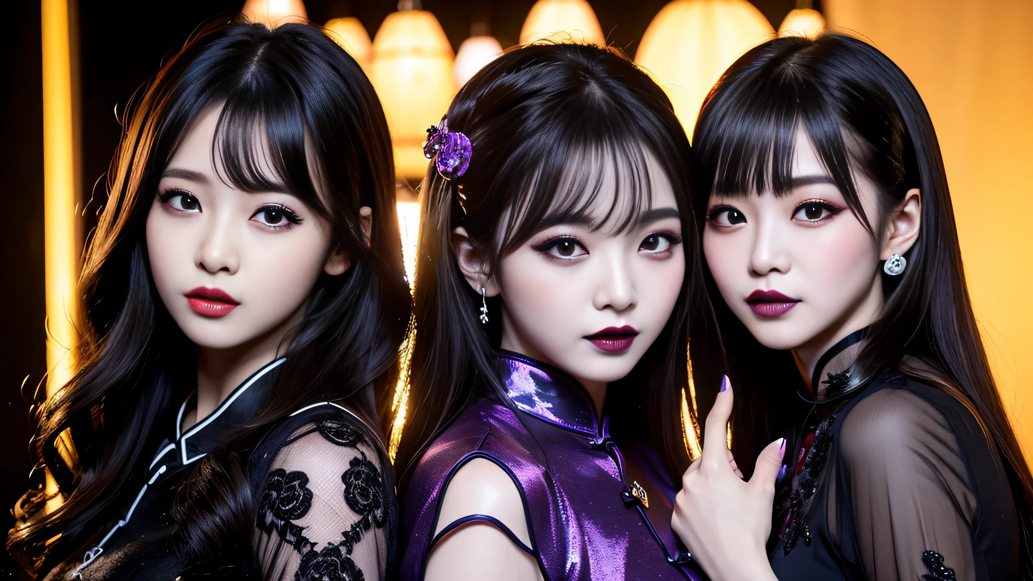 2girls、best quality、ultra-detailed、4k、Japanese、Seductive beauty、seductive adult woman、Pretty Woman、cool girl、Villainess、Brainwashed、brainwash、Fallen into evil、smirk、Evil look、Wicked Smile、evil、Brown hair、wavy hair、swept bangs、dark makeup、dark makeup、piercing eyes、hollow eyes,half-closed eyes、Hollow Eyes、Purple Eyeshadow、black lipstick、black lipglos、Long Black Cheongsam、Wide sleeves、night、inside Live stage、Applying lipstick、