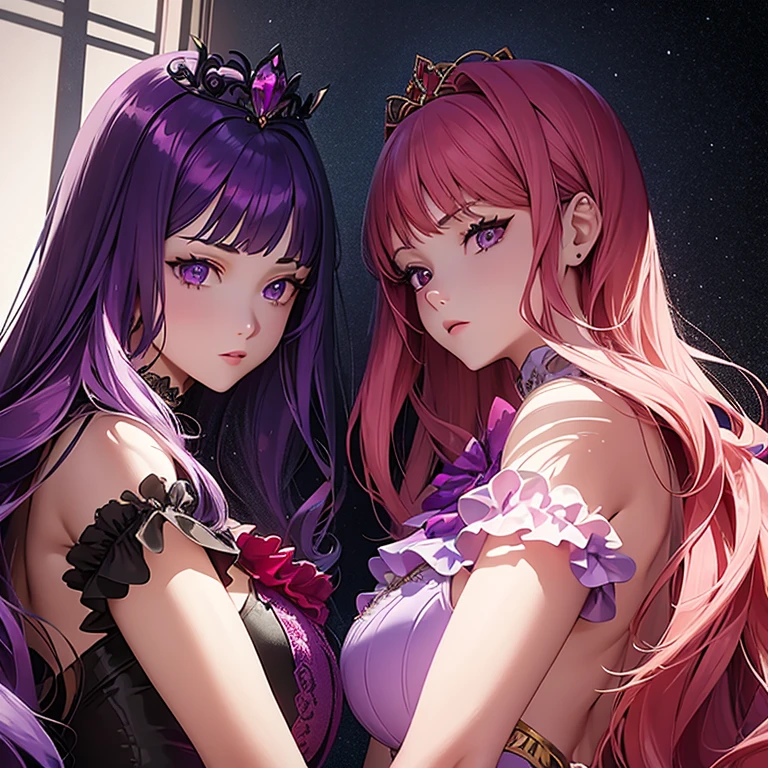 Two queen girls.
Girl on the left has lavender long hair with a gold crown with purple sapphire gemstone and a lavender gown with a fancy purple high heels. The Girl on the right has Red slight wavy long hair with a red crown with ruby gemstones and a Red sexy gown with a stocking and Black stilettos.