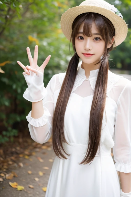 A woman in a white dress and hat is making a peace sign, Shirahime cut hairstyle, Twin tails white_gloves, Neat hairstyle with bangs, Brown hair with bangs, Chiho, Brown hair and bangs, cuteヘアスタイル, Long hair with bangs, brown Long hair with bangs, Ulzzang, 🍁 cute, Long hair with bangs, shikamimi