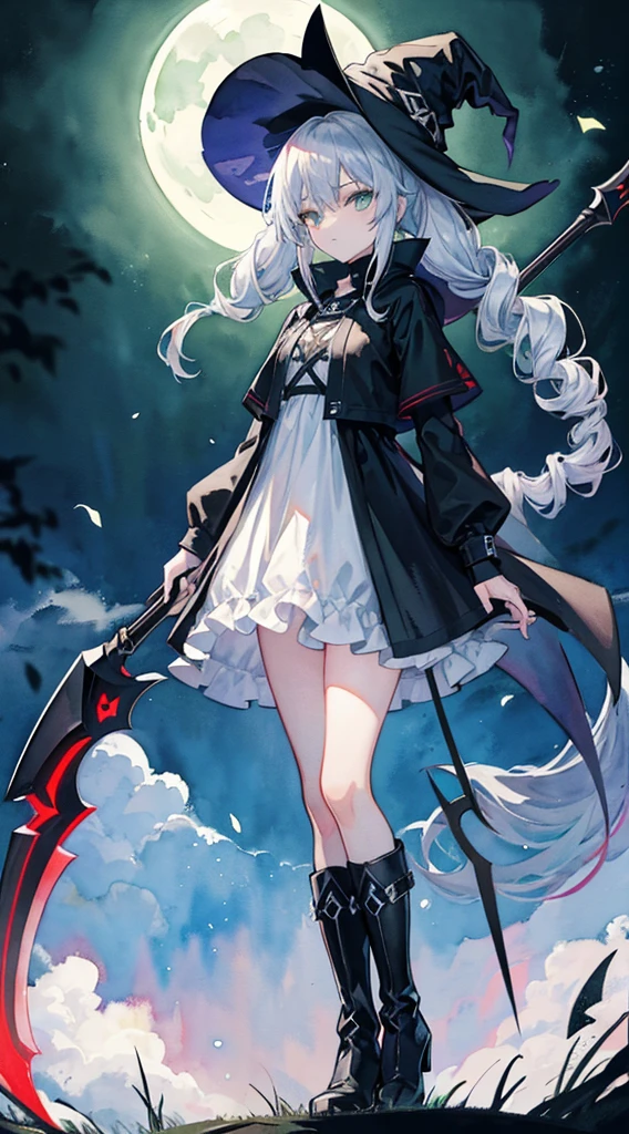 ((scythe)),green eye best quality ultra-detailed,unity 8k wallpaper,witch,((twin drills)),scythe,dark fantasy,((watercolor)),full body,Moonlit Garden,((glowing eyes)),beautiful girl,silver hair,wide shot,braided boots,Looking Side Glance,witch hat