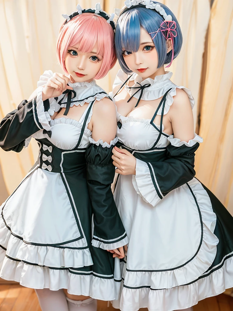 (8K, Photorealistic, Raw photo, of the highest quality: 1.3), (1girl in), Super beautiful, (Realistic face), (boyish, light blue Color Berry Shorthair),(8K, Photorealistic, Raw photo, of the highest quality: 1.3), (1girl in), Super beautiful, (Realistic face), (boyish, pink Color Berry Shorthair), Beautiful , Glare that captivates the viewer, Beautiful expression, Beautiful breasts, (Realistic skin), Be...Create a detailed and colorful image of Ram and Rem from Re:Zero, standing back-to-back in their maid outfits, with a magical fantasy background、14years old, two girls,cute, perfect face, beautiful, nice body, gothic lolita clothes, gothic lolita fashion, frilly skirt, headdress, necklace, bracelet, knee-high socks, boots, double eyelids, tear bags, Detailed down to the fingers, photo-like description, indoors, dim indoor lighting, one girl is pink hair and short bob, another girl is light blue hair and short bob,standing, whole body, composition that shows the whole body, smiling,The Both of them are wearing the same type of maid outfit