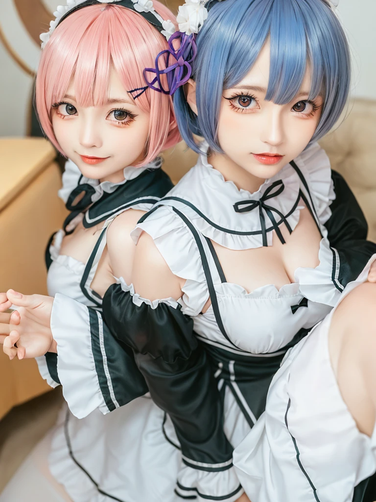 (8K, Photorealistic, Raw photo, of the highest quality: 1.3), (1girl in), Super beautiful, (Realistic face), (boyish, light blue Color Berry Shorthair),(8K, Photorealistic, Raw photo, of the highest quality: 1.3), (1girl in), Super beautiful, (Realistic face), (boyish, pink Color Berry Shorthair), Beautiful , Glare that captivates the viewer, Beautiful expression, Beautiful breasts, (Realistic skin), Be...Create a detailed and colorful image of Ram and Rem from Re:Zero, standing back-to-back in their maid outfits, with a magical fantasy background、14years old, two girls,cute, perfect face, beautiful, nice body, gothic ta clothes, gothic loliashion, frilly skirt, headdress, necklace, bracelet, knee-high socks, boots, double eyelids, tear bags, Detailed down to the fingers, photo-like description, indoors, dim indoor lighting, one girl is pink hair and short bob, another girl is light blue hair and short bob,standing, whole body, composition that shows the whole body, smiling,The Both of them are wearing the same type of maid outfit
