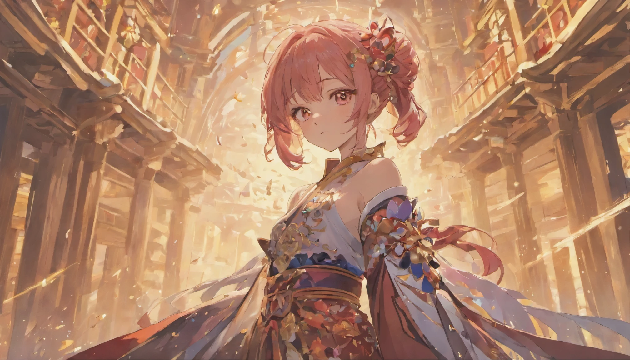masterpiece, highest quality, Very detailed, Absurd, Expressive clothing, Emphasis on high-quality fabrics, Ray Tracing, Fantasy Style, One girl , Upper Body , Portraiture , Tilt your head , Hanfu , heart , kimono , (Split Color Hair:1.4) , Off the shoulder, Pink Eyes , japanese architecture, indoor , Light and shadow, crystal flower,Hu Tao\(Genshin Impact\),