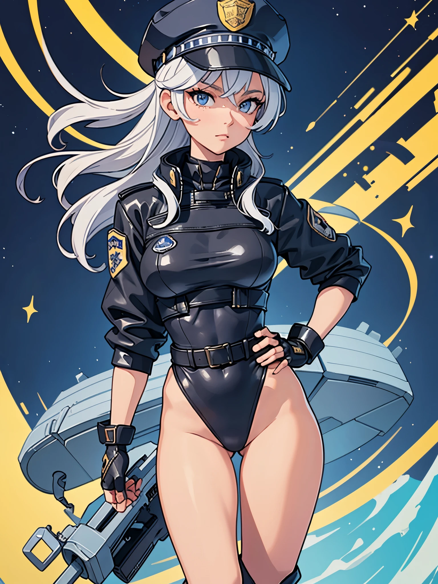 masterpiece, best quality, 1girl, tall body, beautiful detailed eyes, beautiful detailed face, cute face, perfect hands, complete fingers, perfect anatomy, perfect proportions, ((hat, police hat)), ((leotard, matching leotard, bare legs)), ((boots, matching boots)), breasts, medium breasts, covered navel, fingerless gloves, (full body portrait), looking at viewer, solo, solo focus, standing, ValkyriePoliceStudent, cowboy shot, space station backdrop, tight belt