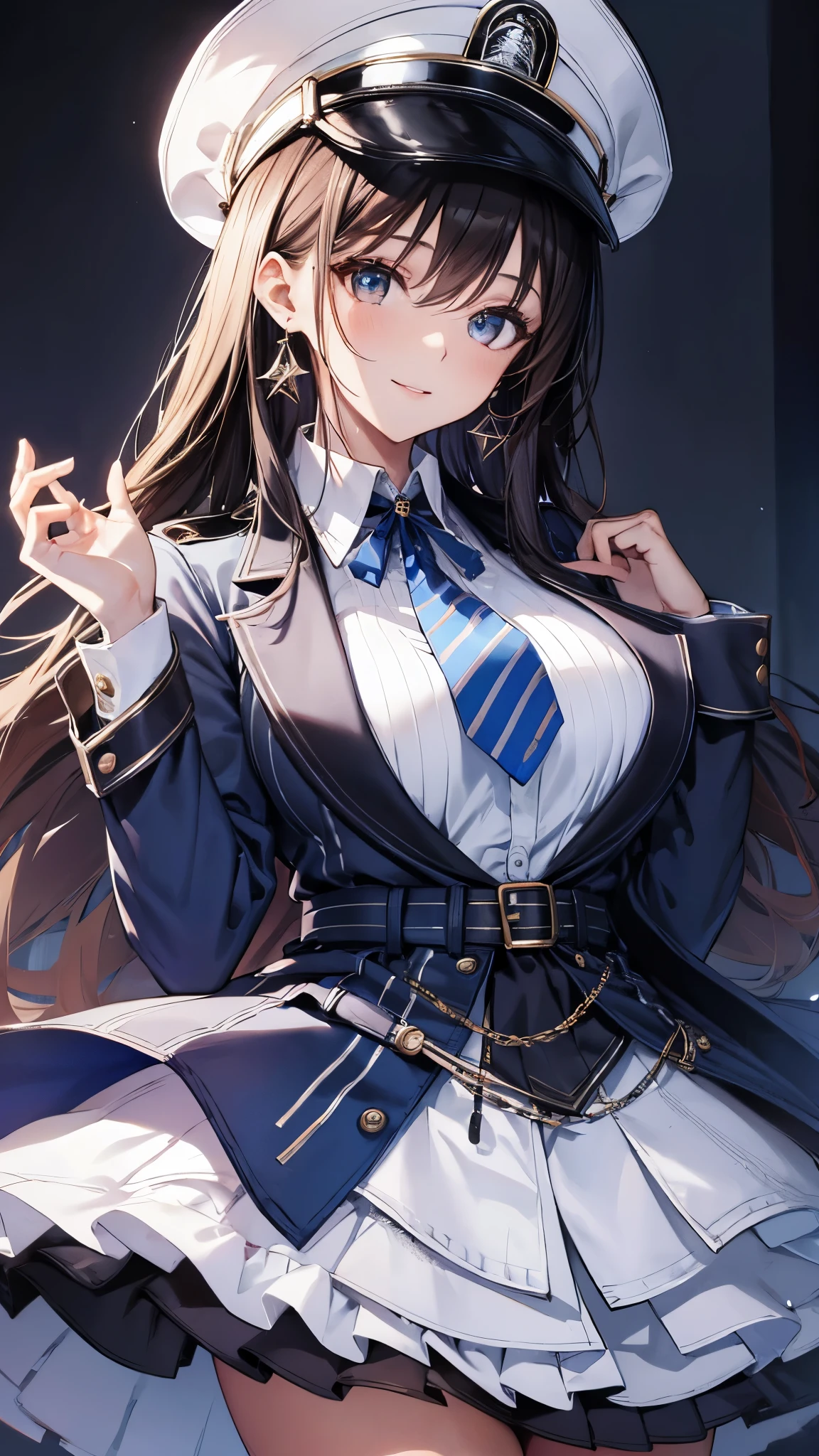 earrings, jewelry, jacket on shoulders, white shirt, collared shirt, striped, blue necktie, white gloves, white skirt, blue headwear, peaked cap,seductive smile,masterpiece,Noise Reduction,perfect anatomy,high resolution, ultra-detailed,game cg,dutch angle ,beautiful detailed eyes,visualart,five fingers, perfect hands, perfect lighting,