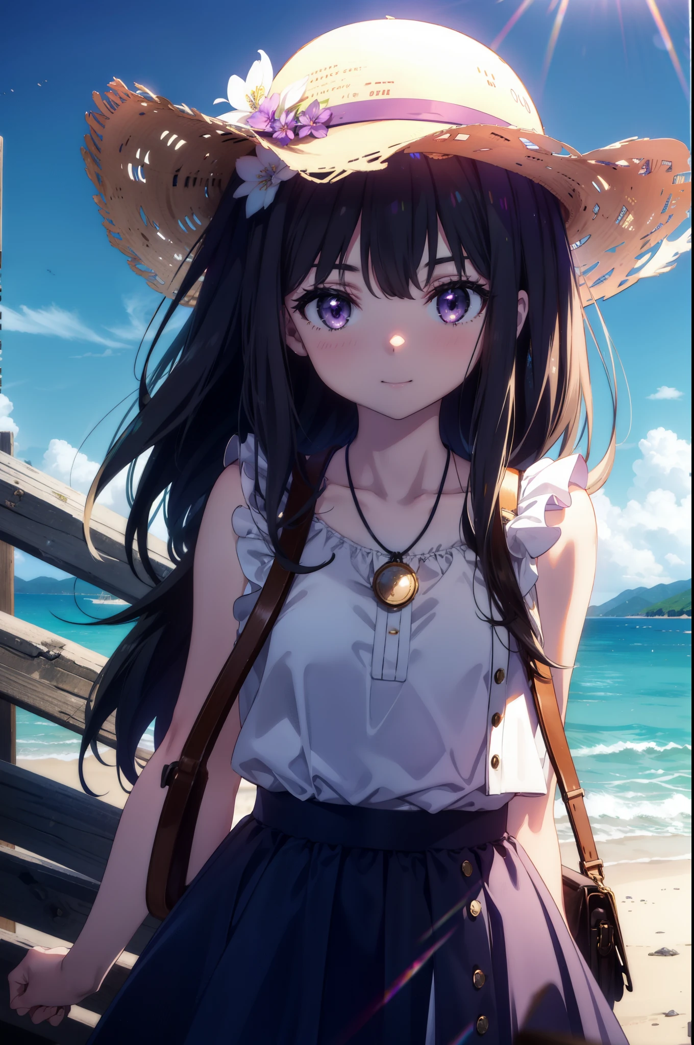 Takiuchi, Inoue Check, Long Hair, bangs, Black Hair, (Purple eyes:1.2),happy smile, smile, Open your mouth,smile,blush,Blue long skirt dress,Sleeveless,Bare arms,Rocket Pendant,Cute Sandals,White Hat,real summer,sunny,As if your whole body is in the illustration,
break outdoors, Coastal Road,
break looking at viewer, (Cowboy Shot:1.5),
break (masterpiece:1.2), highest quality, High resolution, unity 8k wallpaper, (shape:0.8), (Beautiful details:1.6), Highly detailed face, Perfect lighting, Extremely detailed CG, (Perfect hands, Perfect Anatomy),