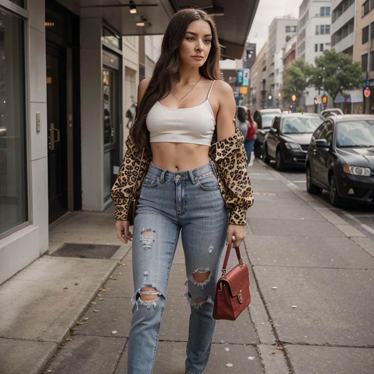 design me an image of a young beautiful strong willed woman with long flowing hair wearing leopard high heel shoes, ripped jeans, and a tight figure forming shirt while walking down the sidewalk clutching her red purse with a pearl strap. It is a picture with the mood of a strong willed, tough but loving and kind woman who isn't afraid to tell you how she feels and doesn't care what others think of her. Make the photo gray scaled.