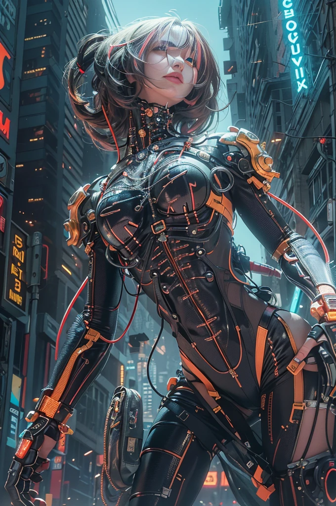Top Quality, Masterpiece, Ultra High Resolution, ((Photorealistic: 1.4), Raw Photo, 1 cyberpunk Girl, Glossy Skin, 1 Mechanical Girl, (Ultra Realistic Details)), mechanical limbs, tubes connected to the mechanical parts, mechanical vertebrae attached to the spine, mechanical cervical attachment to the neck, wires and cables connecting to the head, evangelion, small glowing LED lamps, global lighting, deep shadows, Octane Rendering, 8K, Ultra Sharp, Metal, Intricate Ornament Details, baroque details, Very intricate details, realistic light, CGSoation trend, facing the camera, neon details, (dazzling Cyberpunk city streets in background), fish eye lens view.