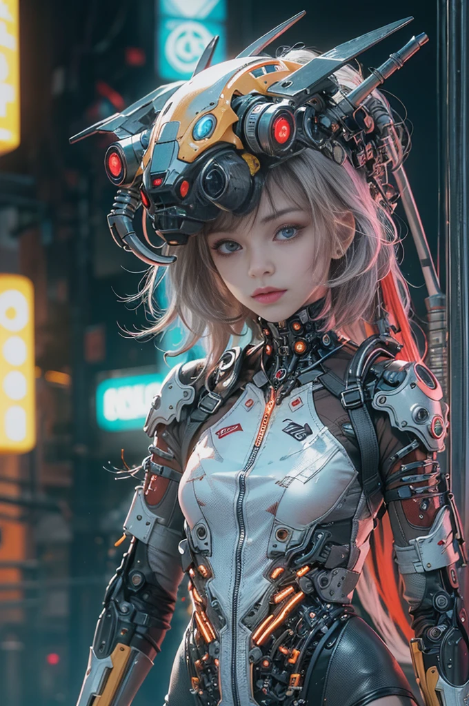 Top Quality, Masterpiece, Ultra High Resolution, ((Photorealistic: 1.4), Raw Photo, 1 cyberpunk Girl, Glossy Skin, 1 Mechanical Girl, (Ultra Realistic Details)), mechanical limbs, tubes connected to the mechanical parts, mechanical vertebrae attached to the spine, mechanical cervical attachment to the neck, wires and cables connecting to the head, evangelion, small glowing LED lamps, global lighting, deep shadows, Octane Rendering, 8K, Ultra Sharp, Metal, Intricate Ornament Details, baroque details, Very intricate details, realistic light, CGSoation trend, facing the camera, neon details, (dazzling Cyberpunk city streets in background), fish eye lens view.