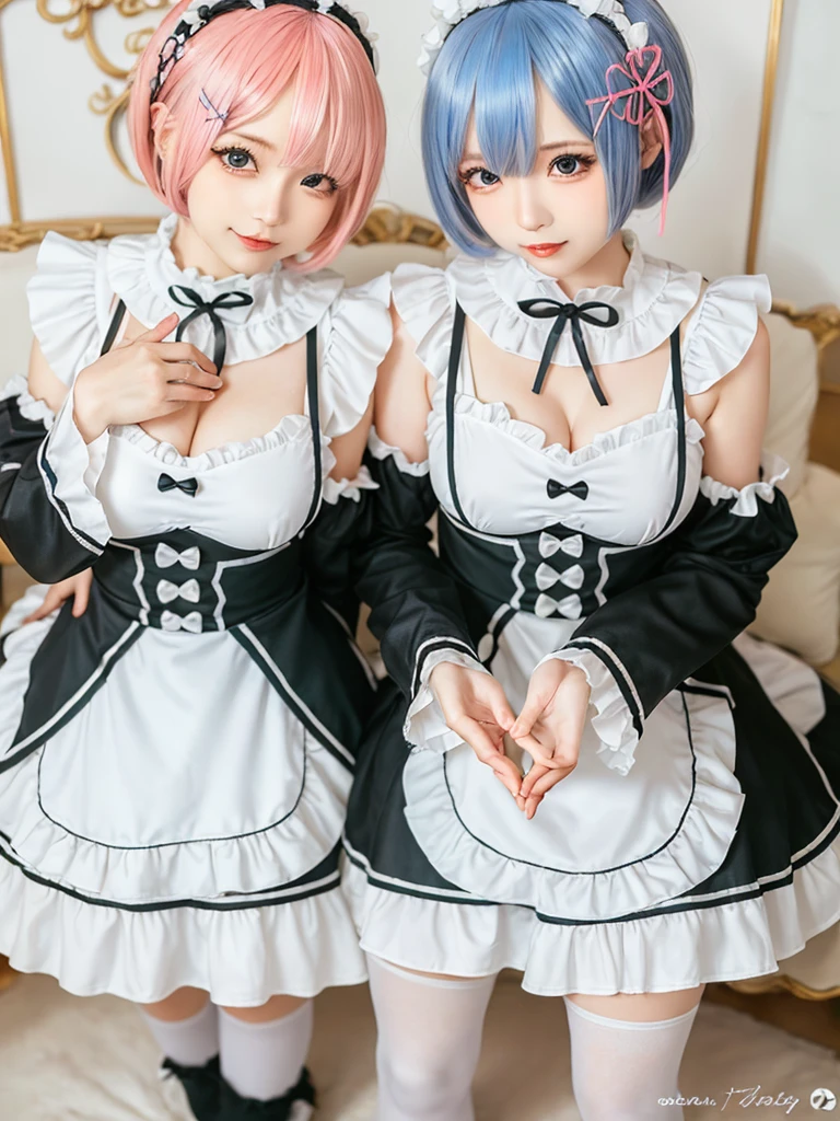 (8K, Photorealistic, Raw photo, of the highest quality: 1.3), (1girl in), Super beautiful, (Realistic face), (boyish, light blue Color Berry Shorthair),(8K, Photorealistic, Raw photo, of the highest quality: 1.3), (1girl in), Super beautiful, (Realistic face), (boyish, pink Color Berry Shorthair), Beautiful , Glare that captivates the viewer, Beautiful expression, Beautiful breasts, (Realistic skin), Be...Create a detailed and colorful image of Ram and Rem from Re:Zero, standing back-to-back in their maid outfits, with a magical fantasy background、14years old, two girls,cute, perfect face, beautiful, nice body, gothic lolita clothes, gothic lolita fashion, frilly skirt, headdress, necklace, bracelet, knee-high socks, boots, double eyelids, tear bags, Detailed down to the fingers, photo-like description, indoors, dim indoor lighting, one girl is pink hair and short bob, another girl is light blue hair and short bob,standing, whole body, composition that shows the whole body, smiling,The Both of them are wearing the same type of maid outfit
