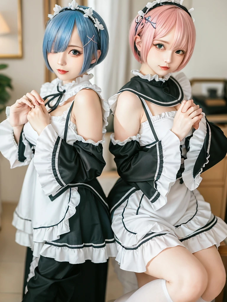 (8K, Photorealistic, Raw photo, of the highest quality: 1.3), (1girl in), Super beautiful, (Realistic face), (boyish, light blue Color Berry Shorthair),(8K, Photorealistic, Raw photo, of the highest quality: 1.3), (1girl in), Super beautiful, (Realistic face), (boyish, pink Color Berry Shorthair), Beautiful , Glare that captivates the viewer, Beautiful expression, Beautiful breasts, (Realistic skin), Be...Create a detailed and colorful image of Ram and Rem from Re:Zero, standing back-to-back in their maid outfits, with a magical fantasy background、14years old, two girls,cute, perfect face, beautiful, nice body, gothic lolita clothes, gothic lolita fashion, frilly skirt, headdress, necklace, bracelet, knee-high socks, boots, double eyelids, tear bags, Detailed down to the fingers, photo-like description, indoors, dim indoor lighting, one girl is pink hair and short bob, another girl is light blue hair and short bob,standing, whole body, composition that shows the whole body, smiling,The Both of them are wearing the same type of maid outfit