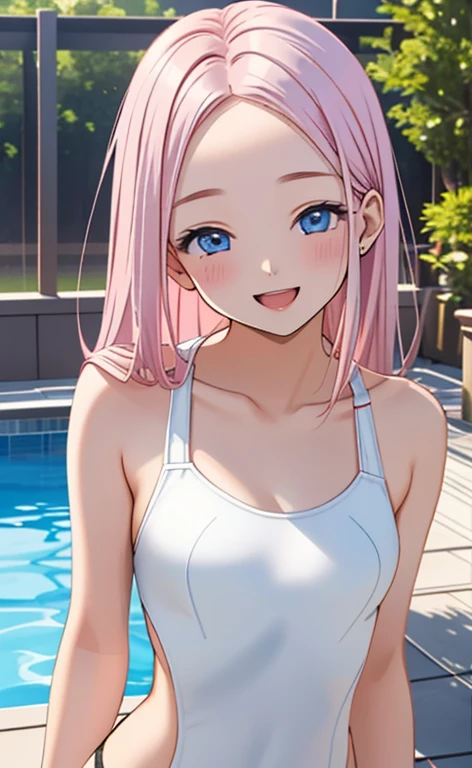 (masterpiece:1.4、top-quality、illustration:1.4,realistic、)、(character focus、breast focus,upper body:1.3)、(1girl),(Open mouth happy smile:1.3),(half closed eyes),cute face,blue eyes、()、
,(stand:1.4),(Shining smile),
,(slender),(white tankini:1.3),(pink long hair:1.6,forehead:1.3), (small breasts:1.3)、
、slender、pool,、
