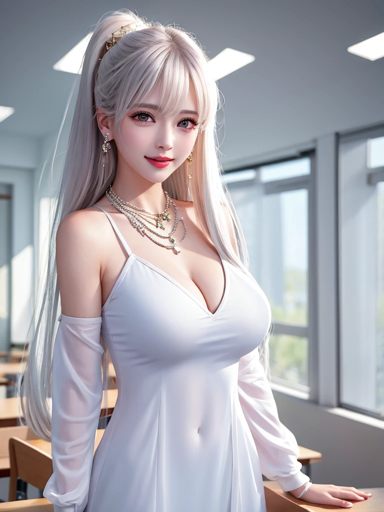 Female teacher standing in the classroom v6, necklace, earrings, full body v6, long white hair, translucent clothes, visible, superb, ultra-high-definition, RAW photo, realism: 1.25), (bright lip gloss, long eyelashes, smooth face, light skin, natural shadows, wide light, wide light, depth of field, strong colors, subtle caustics: 0.8), smile, (big tits), v6