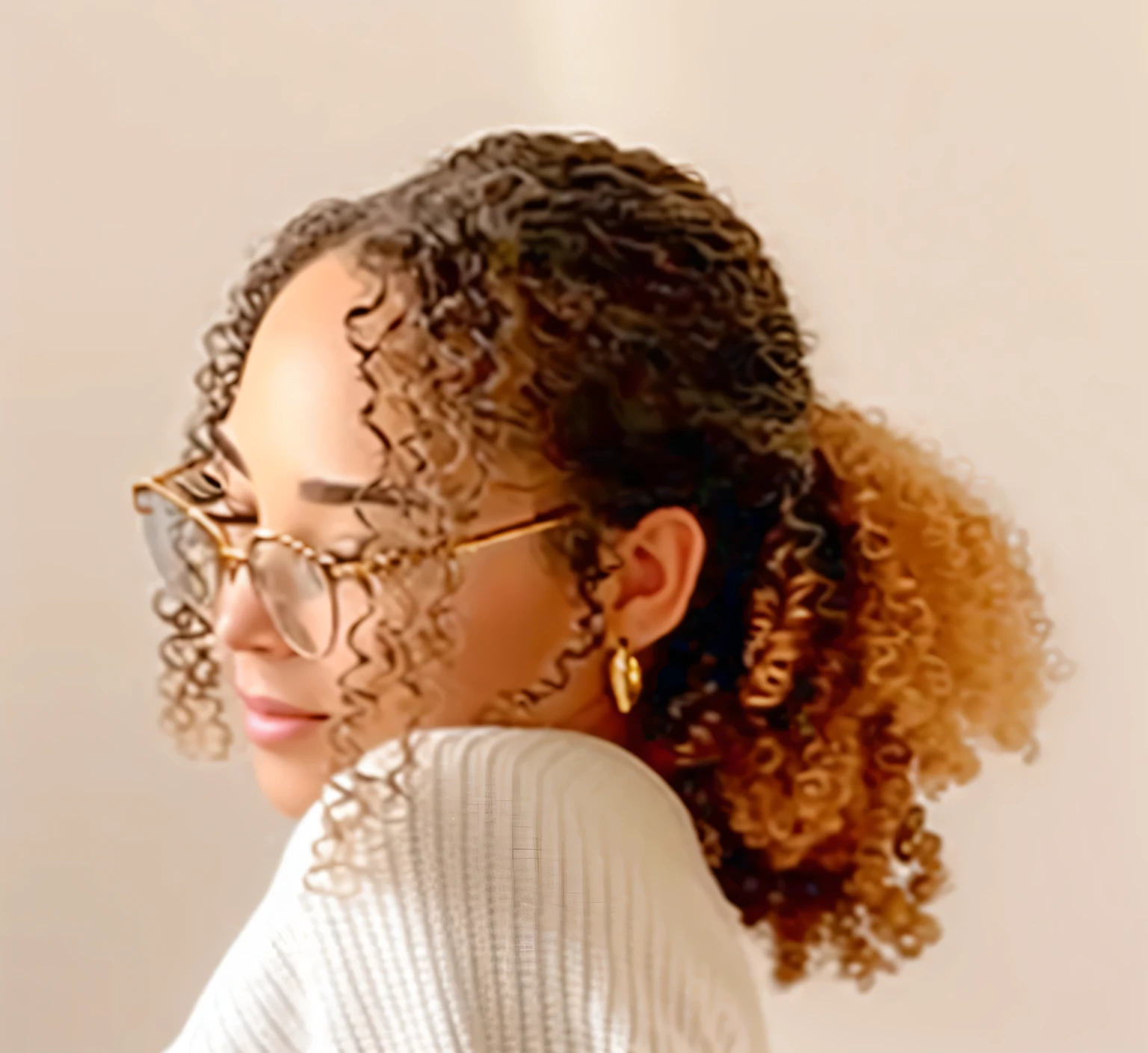 a beautiful woman with curly hair, she is wearing beautiful round glasses and a gold earring, she is very happy, her hair is soft, the image is very detailed