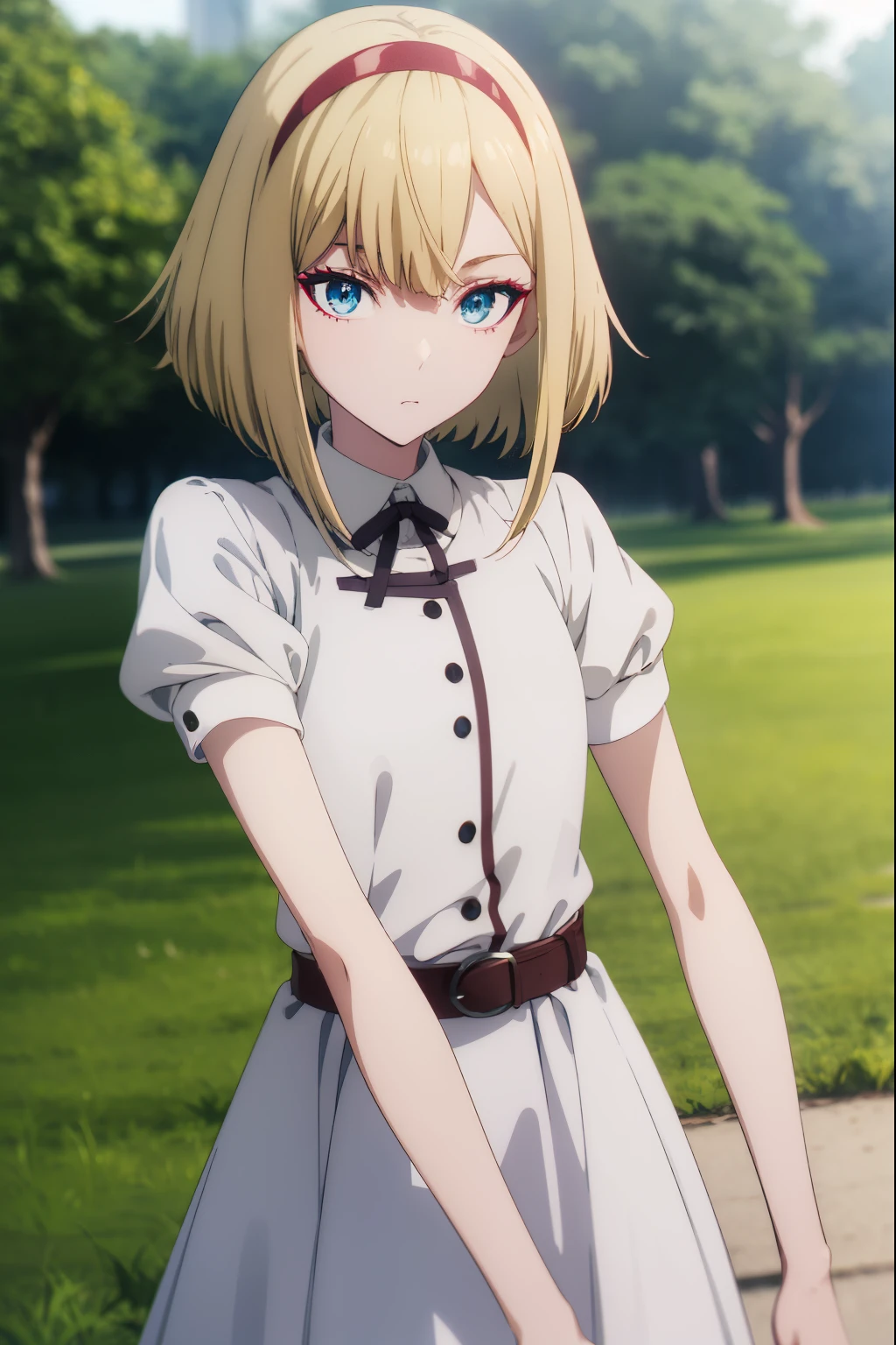 taktopdestiny, destiny, short hair, bangs, blue eyes, Blonde, hair band, Medium Hair, red hair band,
break dress, Short sleeve, Puffy sleeves, belt, White Dress, puffy Short sleeve, Collared dress,
break outdoors,
break looking at viewer,  ,masterpiece ,8k unity wallpaper,anime key visual,highest quality, High resolution, unity 8k wallpaper, (shape:0.8), highly detailed face,highly detailed eye,glowing eyes , shiny skin,fine skin,white skin,dense skin,detailed hair,highly detailed legs,perfect lighting, Detailed CG, (perfect hands, perfect anatomy),High resolution,(Detailed wear ),slender limbs, delicate curves, dainty hands,figure:0.8,