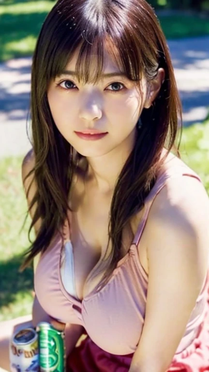 (highest quality,masterpiece:1.3,Ultra-high resolution),(Very detailed,Caustics,8k),(Realistic:1.4,RAW shooting),1 girl,Sit on the grass,(Holding a can of beer in your hand),(smile),(blush),(Watery eyes),Looking into the camera,5,cute,Japanese,Wavy long hair、,(Tank top),Micro Mini Skirt,glamorous,(Huge Breasy breasts、Deepge),(breast flose up of s)、darkness,Cherry tree,Illd night cherry blossoms,Professional Writing,(Waist up shot),(Low position),(Low Angle)、Her face is perfect, Nanase Nishino