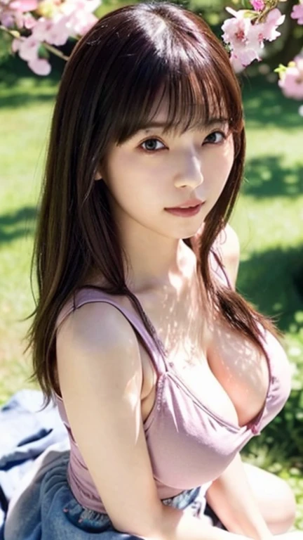 (highest quality,masterpiece:1.3,Ultra-high resolution),(Very detailed,Caustics,8k),(Realistic:1.4,RAW shooting),1 girl,Sit on the grass,(Holding a can of beer in your hand),(smile),(blush),(Watery eyes),Looking into the camera,Age 25,cute,Japanese,Wavy long hair、,(Tank top),Micro Mini Skirt,glamorous,(Huge Breasts、Saggy breasts、Deep cleavage),(breast focus),(close up of breasts)、darkness,Cherry tree,Illuminated night cherry blossoms,Professional Writing,(Waist up shot),(Low position),(Low Angle)、Her face is perfect, Nanase Nishino