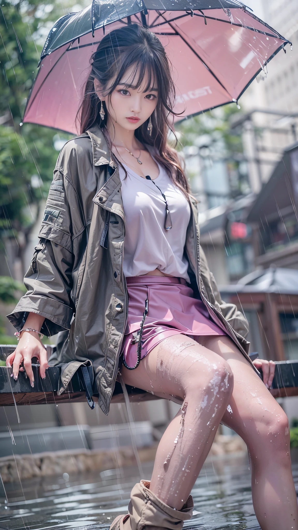 (Realistic:1.5, 16k, highest quality, masterpiece, Ultra-high resolution), ((Typhoon heavy rain, From below)), Perfect dynamic composition:1.2, (Modern city at night, Expressions of sadness:0.9, Sit on the stairs:1.0), Highly detailed skin and facial textures:1.2, Young Japanese woman getting wet in the rain:1.3, Incredibly slim body:1.2, Fair skin:1.2, Sexy beauty:1.1, beautifully、beautiful:1.1, Very beautiful face:1.2, Water droplets on the skin, (The rain drips down on my body:1.2, Wet body:1.2, Wet Hair:1.3), (Wet pink tight skirt:1.2, Wearing wet sports clothes:1.3), (Shapely large breasts, Chest gap), (Big eyes that exude beautiful eroticism:0.8, Lips that exude beautiful eroticism:0.8), necklace, Earrings, bracelet, wedding ring, Shoulder bag, clock, Cowboy Shot