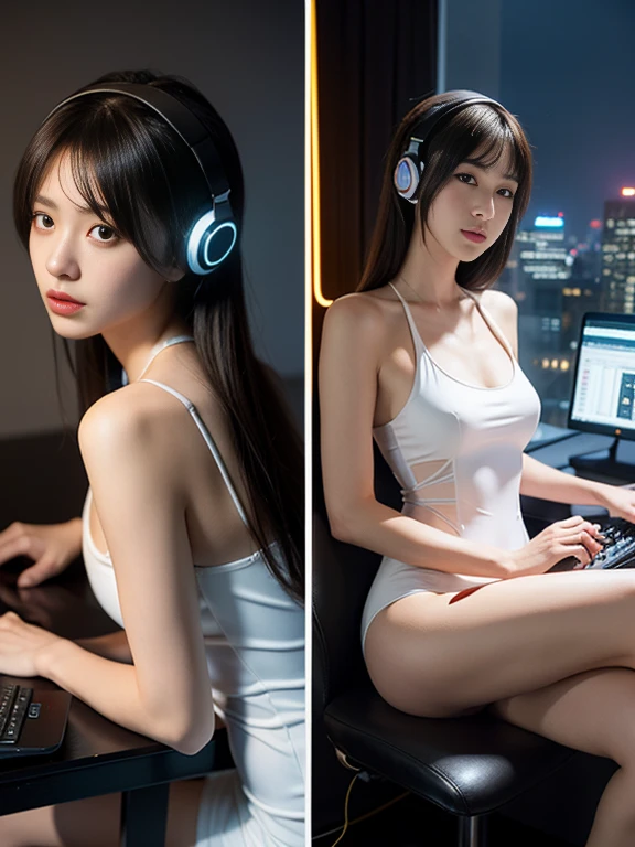 ((highest quality)), ((masterpiece)), ((Realistic)),((Cinema lighting)),blade runner worldview,angle from the front,((looking at viewer)),High Contrast, 19 year old Japanese female model,((Beautiful female replicant)), Medium Hair,Headphones,(Red Neon),((Computer circuit board background)), ((笑face,)),((非常にdetailedな目)),Very detailed glowing eyes, ((thin)) ,Bodysuits, ( White one piece swimsuit ) ((sexy )) ,Slender figure,textured pixie haircut (((detailedなキャラクターシート, Front view, ~ side面図, 3/4 Views))) (((cyber punkの背景))) Six and a half whole bodies,4K,UltraSharp,Multiple Views of the same character,Charterner v2, One girl, Slender figure, (Headphones),Brown Hair, Long Hair, Orange eyes, Same clothes, Concept Art, detailed_face, line_sketch, plan, Official Art, Official Alternative Costumes, Design style, multi style, detailed character, 4_~ side, original, 8K GC, massive detailed, Multiple Views of the same character, character, technical illustration, Multiple Views,masterpiece,highest quality(masterpiece, highest quality), 32k,(非常にdetailedな美しい女性), Future Anime,The ultimate map,highlight,Headphones,Very detailed glowing eyes,Cleavage,Complex patterns,Stylish hairstyle,fluorescence((White clothes)),cyber punk