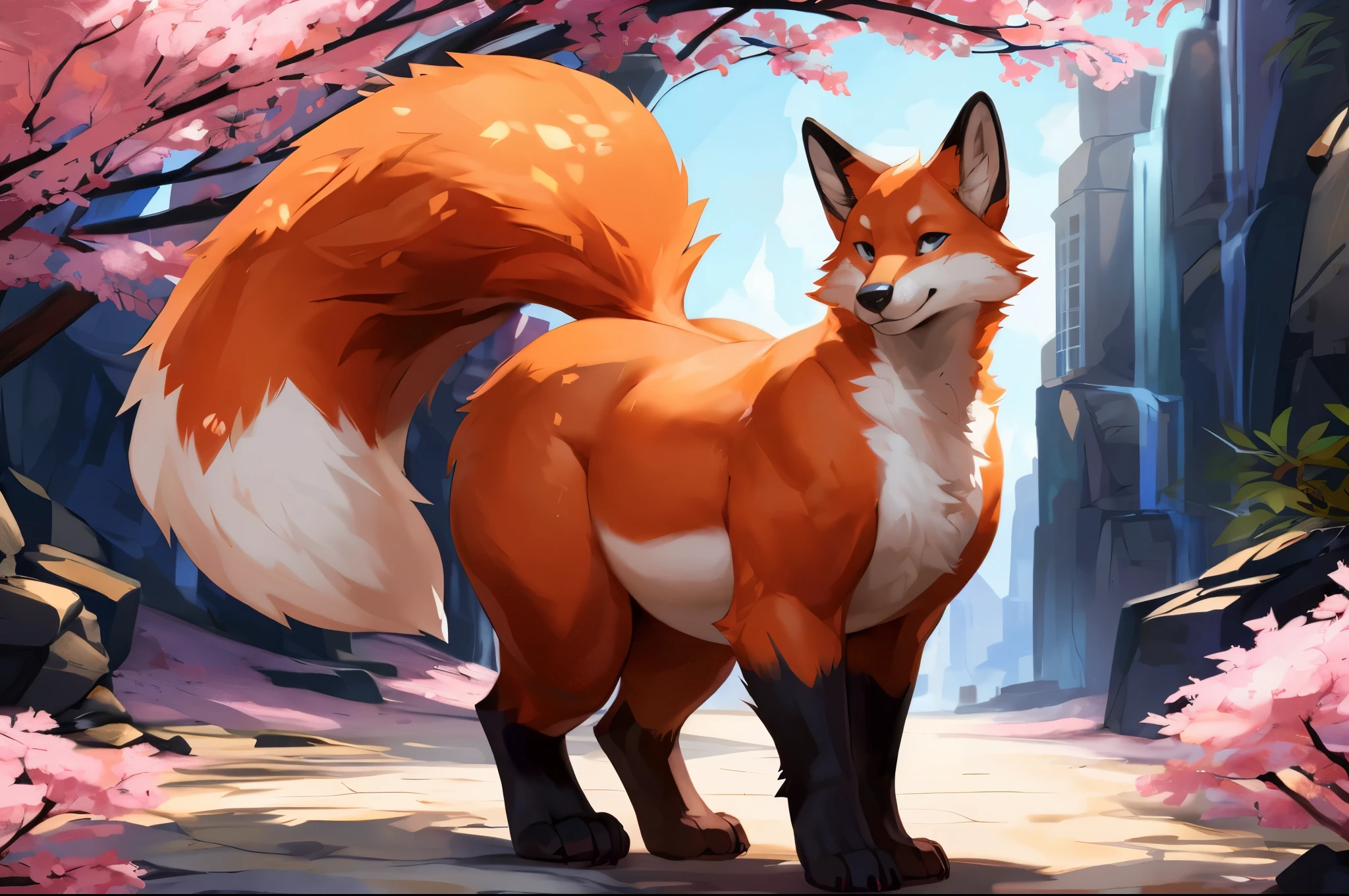 4k ultra quality, 4k full body view,(ultra high detailed body),((feral)) fox,by mystikfox61, by glitter trap boy,feral paws, by bebebebebe,by morethreedee, by seibear,(thick thigh),(chubby thigh),thicc thigh,thick legs,chubby legs,thicc legs,massive butt,enomorous thigh,massive thigh,massive legs,thick lower legs,wide legs,(detailed thigh),(wide thigh),fluffy belly sharp nails,((sfw)),(ultra detailed face),detailed eyes,big tail,fluffy tail,(detailed tail),enomorous tail,bigger tail,huge tail,volumetric light,muscle legs,big paws,(thick paws),fluffy paws,furry paws,enomorous paws,(animal) focus, beast,(bigger lower body),strong lower body,(long legs),front view,master works, super fine, 4k resolution, high quality,high picture detail,dark fantasy,illusory engine, Masterpiece,dire fox,faint lighting,sakura,shrine,shiny fur,feral belly,round belly